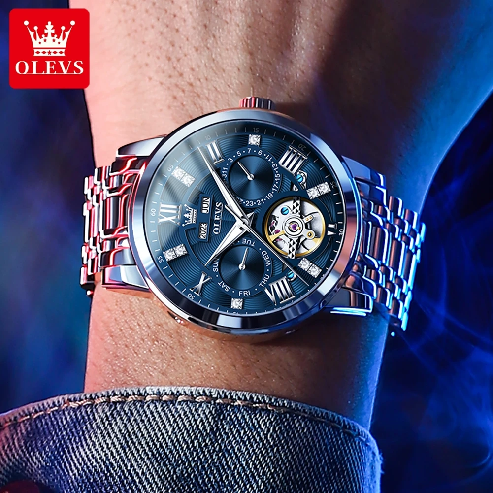 OLEVS 6701 Brand Original Skeleton Flywheel Automatic Mechanical Watch for Men Luxury Stainless Steel Waterproof Mens Wristwatch