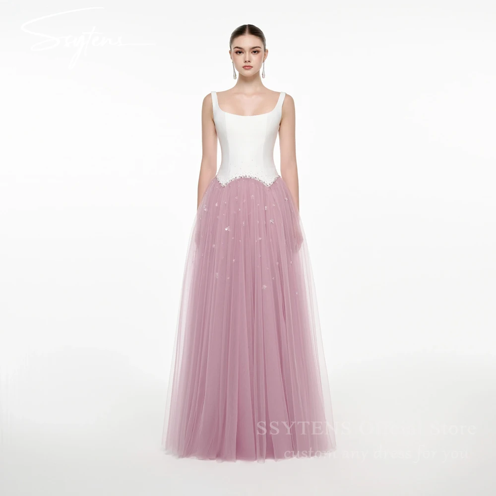 SSYTENS Ivory Satin Evening Dresses O Neck Strap Party Dresses Beads Pink Tulle A line Long Formal Occasion Dress Customize 2026
