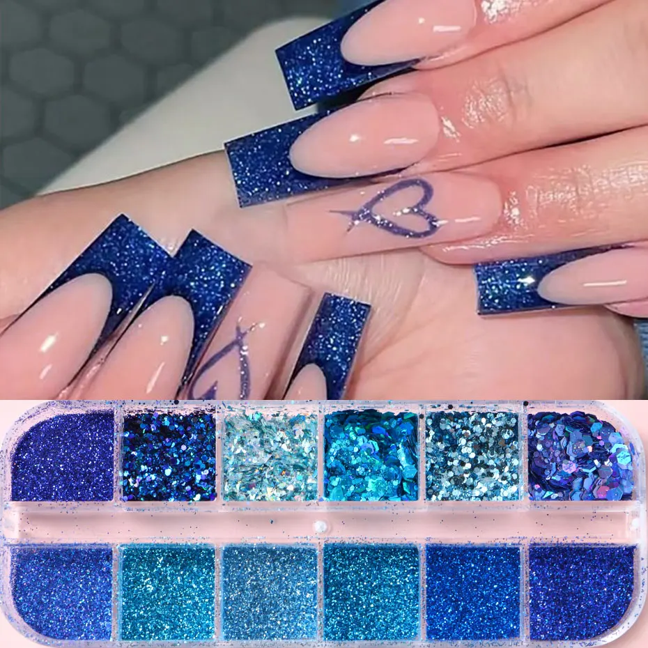 12Grid Royal Blue Mixed Glitter Nail Flakes Holographic Hexagon Irregular Sequins Sliced Sparkly Pigment Powder Manicure Decor