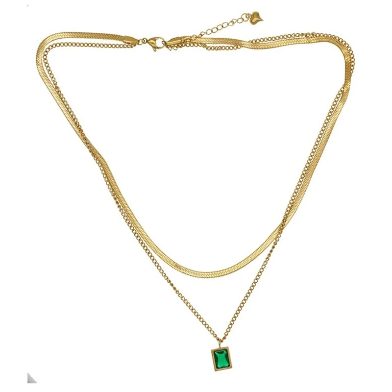 316L Stainless Steel New Fashion Fine Jewelry 2 Layer Geometry Embedded Zircon Charms Chain Choker Necklaces & Pendant For Women