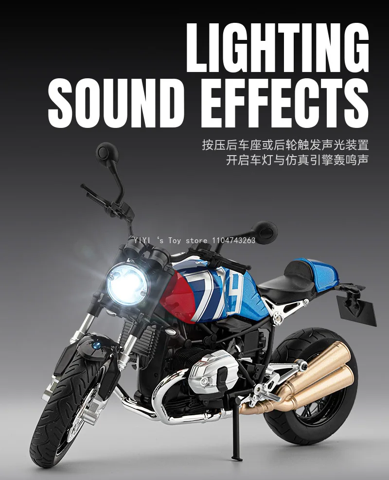 1:9 Schaal R Negen T Motorfiets Model Auto Speelgoed Legering Diecast Lichte Muziek Schokabsorptie Motor Miniatuur Modellen Ornament Gift 25