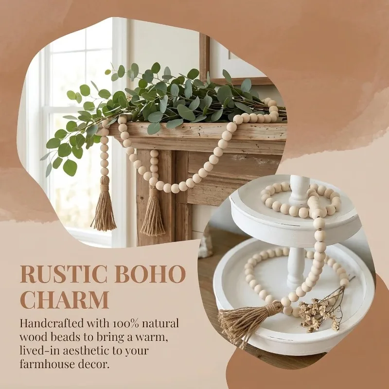 Boho Wood Bead Tassel Garland, 58 Inch Farmhouse Rustic Beads, Chic Wall Above Cabinet Table Decoration