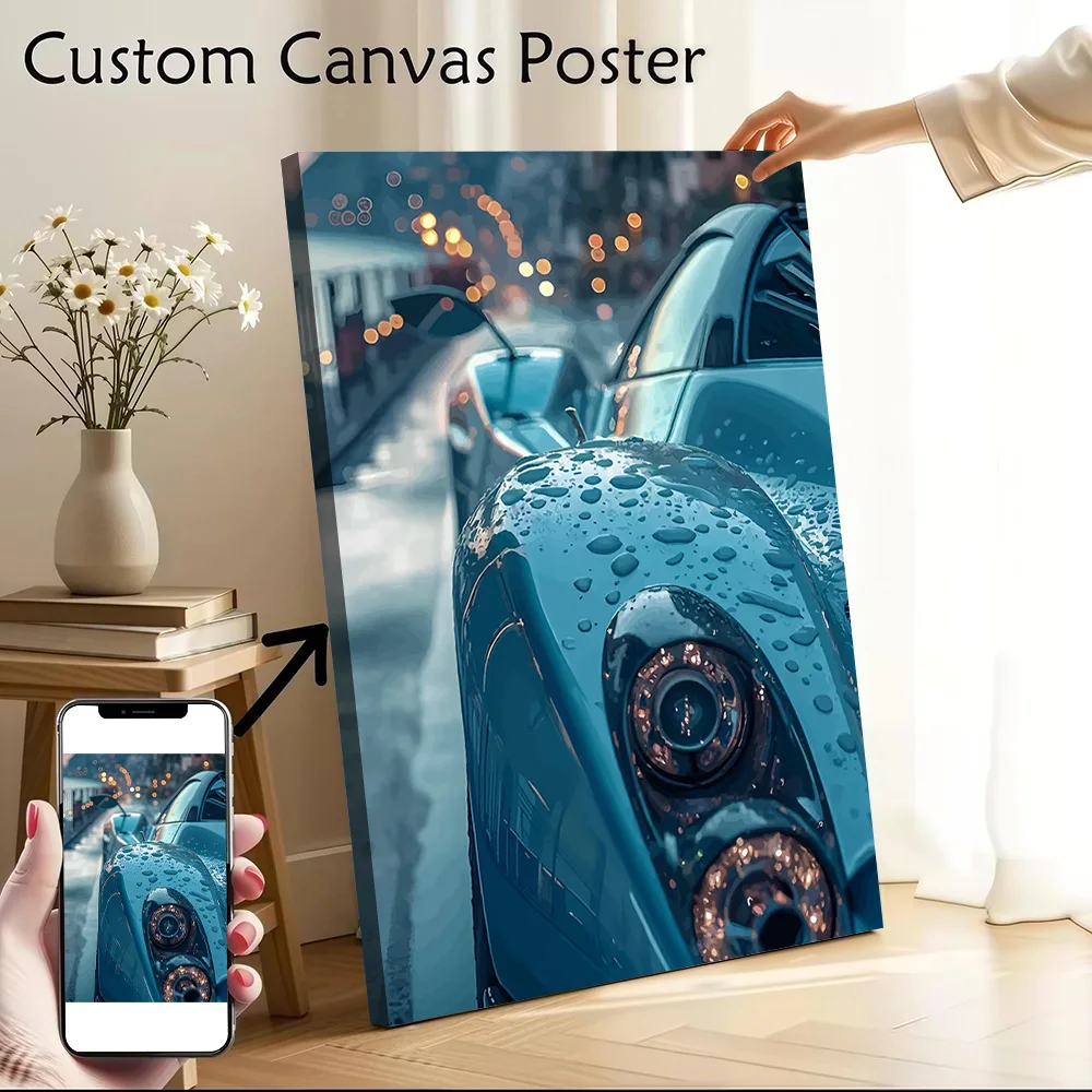 Wet Blue Sports Car Headlight Printed Canvas Poster Personalized High Quality Wall Art Paintings for Decor Room Gamer Decoration