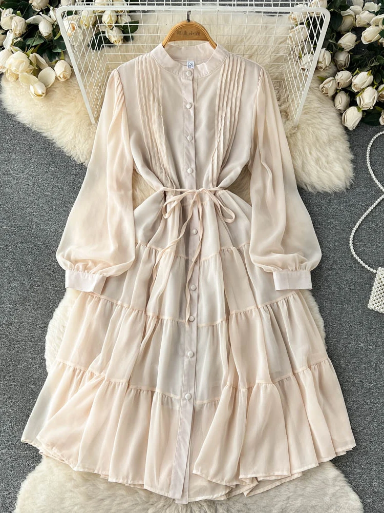 Women Casual Chiffon Dress Spring Autumn Long Sleeved Slim A-line Party Dresses French Chic Pleated Shirt Long Robe Vestidos 872