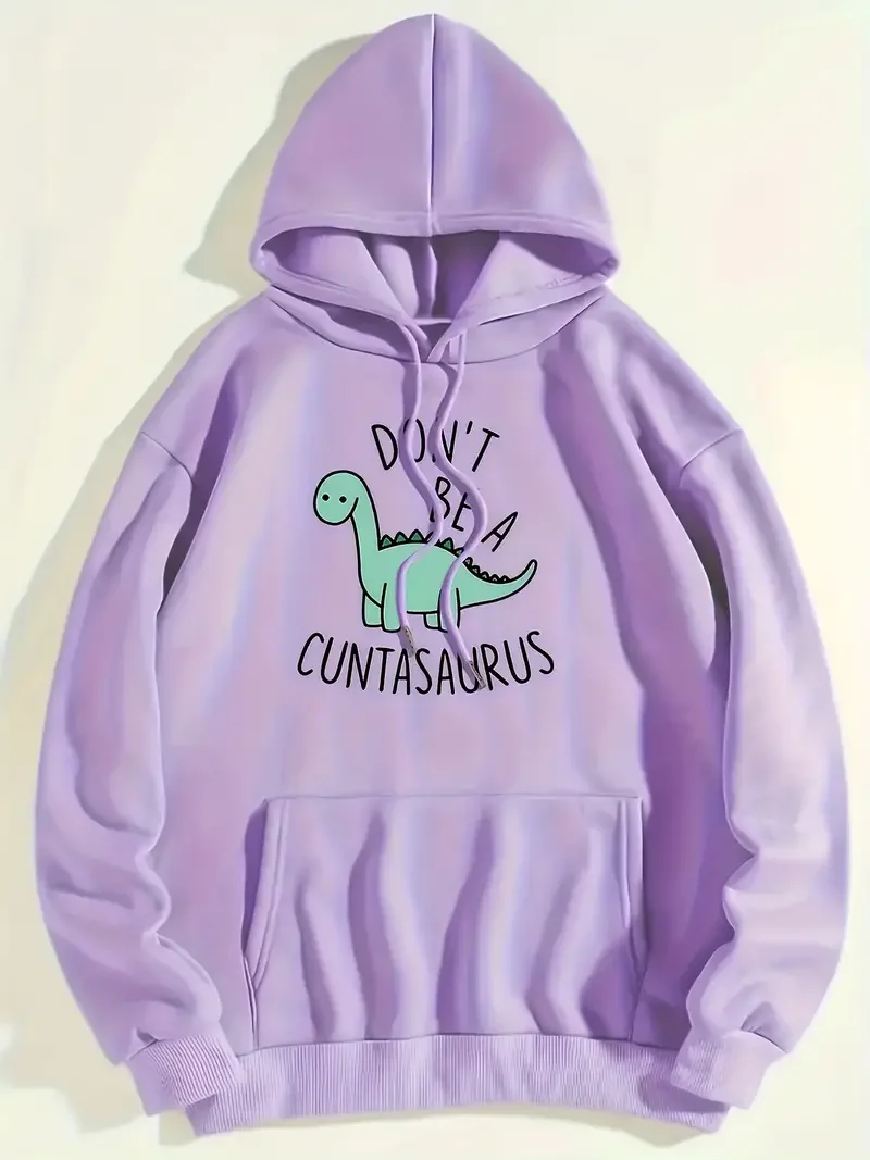 Lovely Two Little Dinosaurs Printed Hoodies ForWomen Fashion Fleece Hoody Creativity Pullover Sportwear Street Loose Sweatshirts