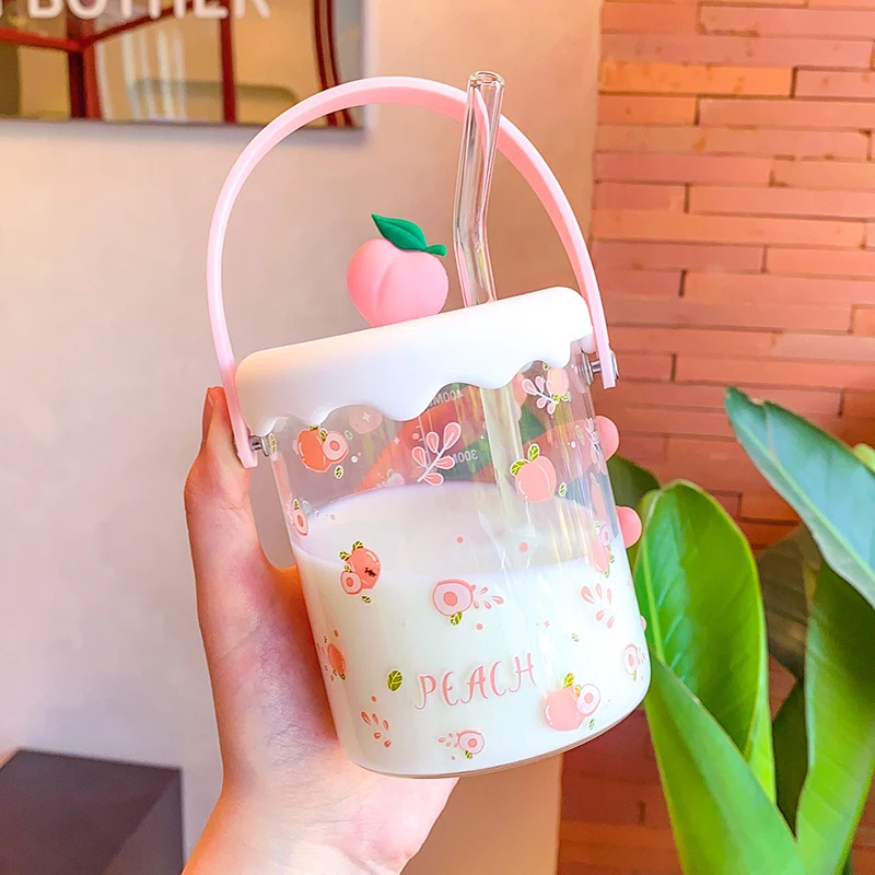 Kawaii Strawberry Peach Glass Cup For Coffee Water Juice Milk Tea Creative Fruit Portable Glass Cups With Lid Straw Scale Handle