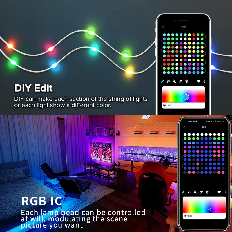 Imagem -03 - Rgb Cor Mudando Fairy Lights Usb String Lights Remoto Bluetooth Controle de Aplicativos Música Sync Ip65 Impermeável ao ar Livre 200led