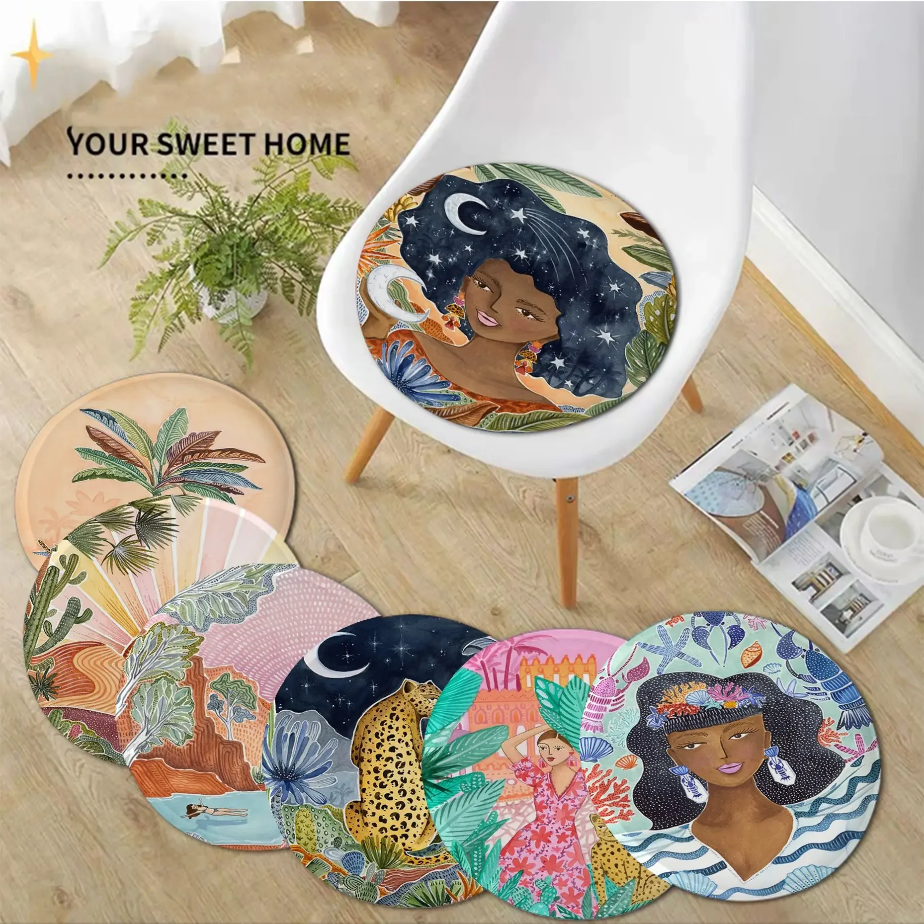 

Boho Sun Cactus Banana Tree Women Leopard Seat Pad Household Cushion Soft Plush Chair Mat Winter Office Bar Chair Mat Pad