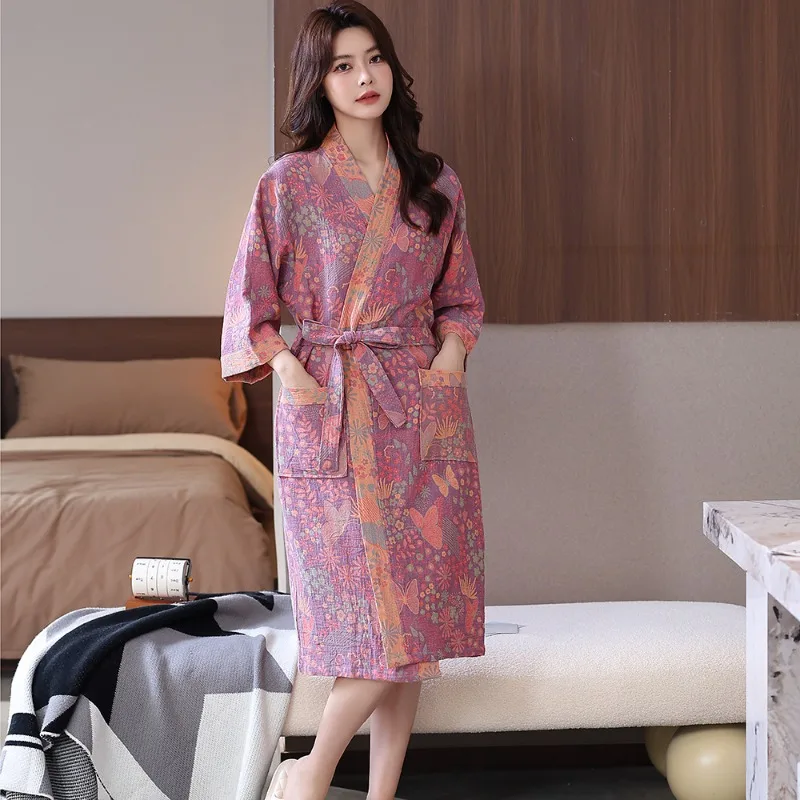 

Весенне-летний тонкий хлопковый двухслойный банный халат из пряжи, пижамы, домашняя одежда, ночная рубашка для пар, впитывающая, быстросохнущая