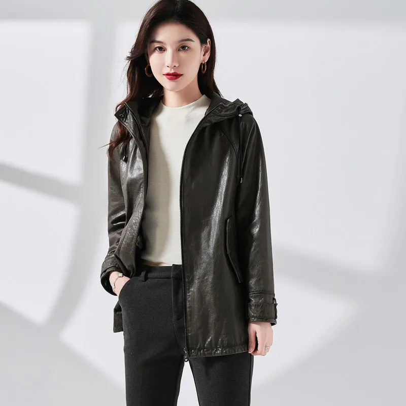 Leather Jackets Women Autumn Vintage Claret Medium to Long Loose Hooded Turkey Sheepskin Waxy Leather Coat Cazadora Piel Mujer