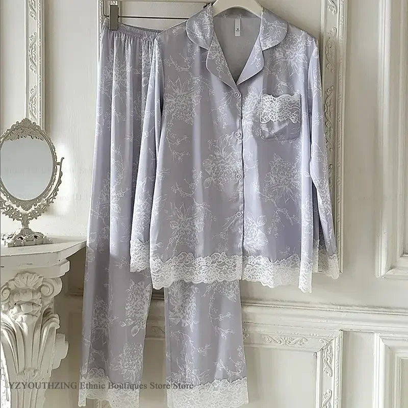 

Lace Print Flower Pijamas Suit Autumn New Female Pajamas Set Lounge Wear Sleepwear Loose Long Sleeve Trouser Nightwear Pyjama