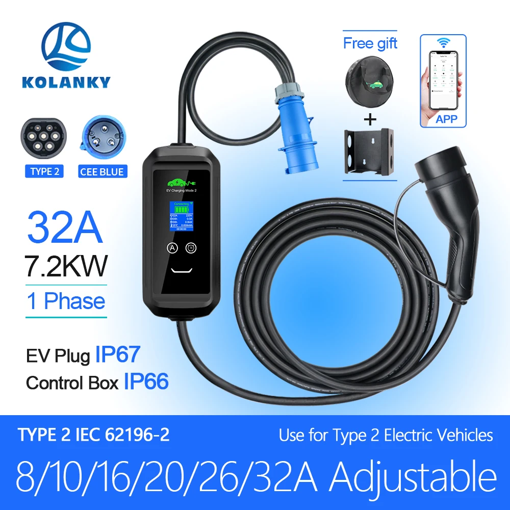 Kolanky Portable EV Charger Type2 32A 7KW EVSE Wi-Fi APP Control Adjustable Current Smart Timing Charging  for Electric Car 5M