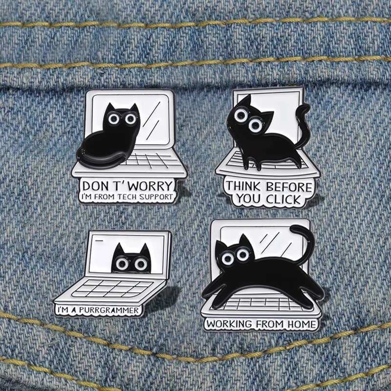 

Black Cat Enamel Pins Custom THINK BEFORE YOU CLICK Brooches Lapel Badges WORKING FROM HOME Funny Jewelry Gift for Friends