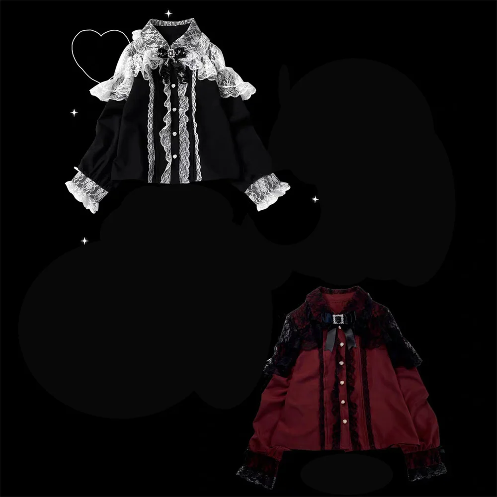 

Lace Long Sleeve Red Black Fairycore Lolita Shirt Women Girls Blouse Japanese Spring Summer Patchwork Sweet Shirts Blusas Top