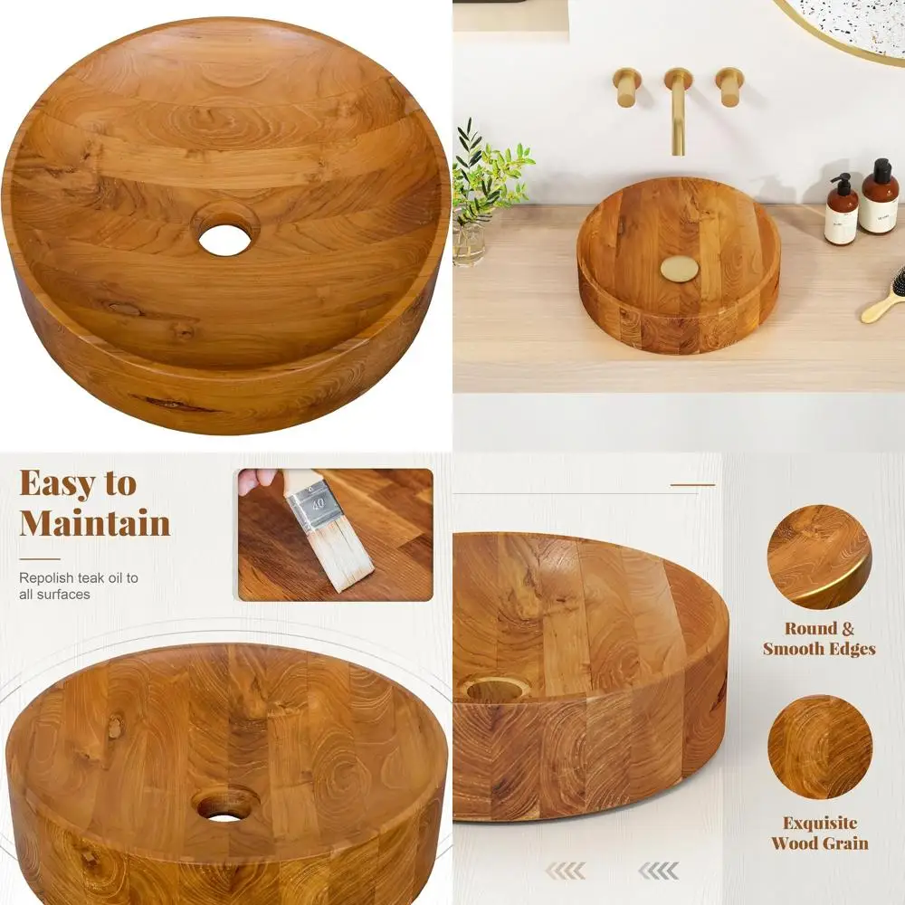 Round Teak Wood Bathroom Sink, Smooth Finish, 2.5” or 1 5/8 Drain, Above Counter Vanity, 16x16x4”