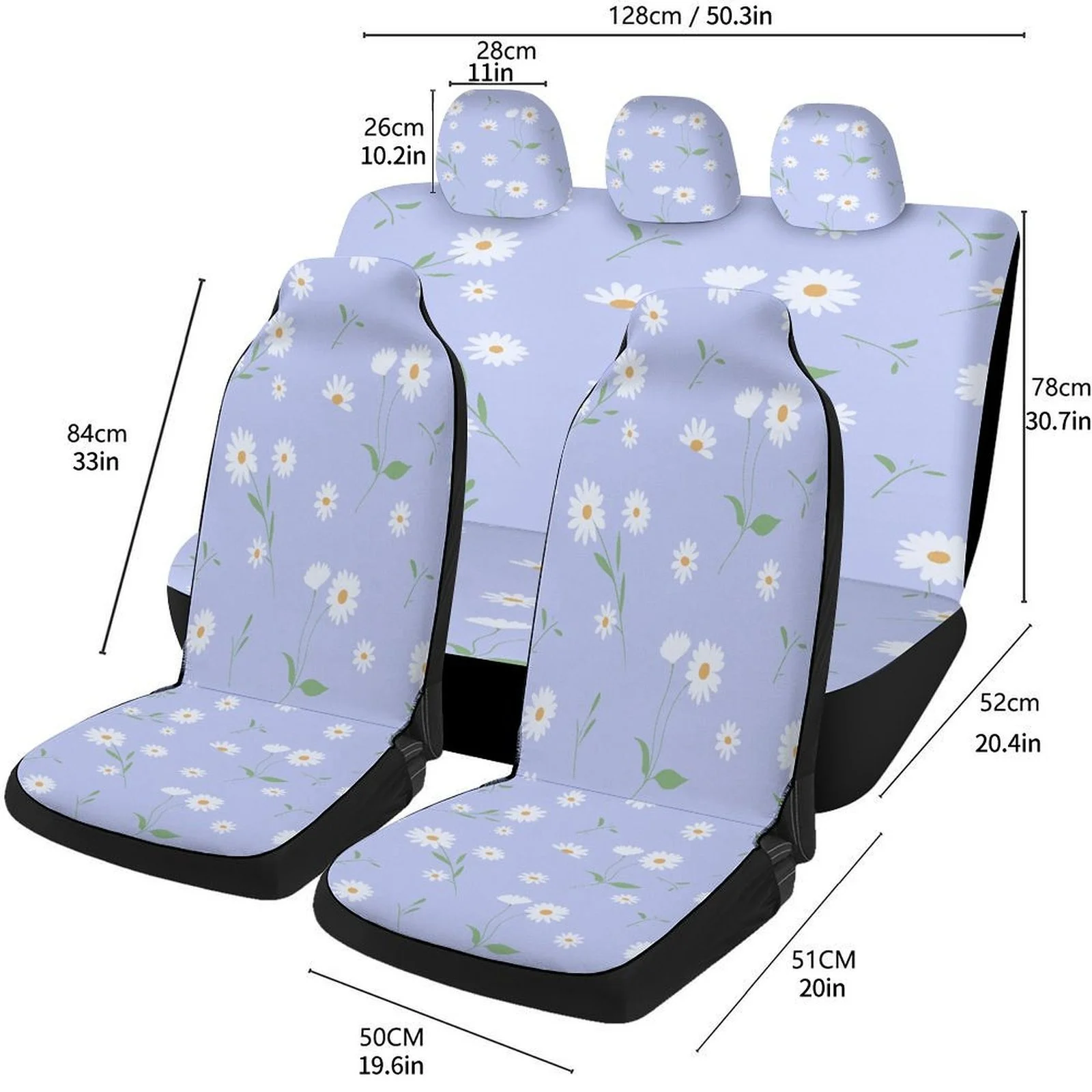 Set Of Car Seat Covers Featuring A Daisy Pattern, Suitable For Various Vehicles. Stylish And Breathable, These Decorative Covers