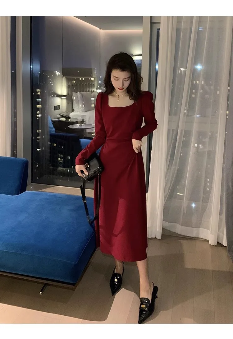 Langes Damenkleid mit langen Ärmeln, rotes Partyshirt, ästhetische Kleidung, Herbst- und Wintermode, schmale Passform, quadratischer Kragen, Y2k