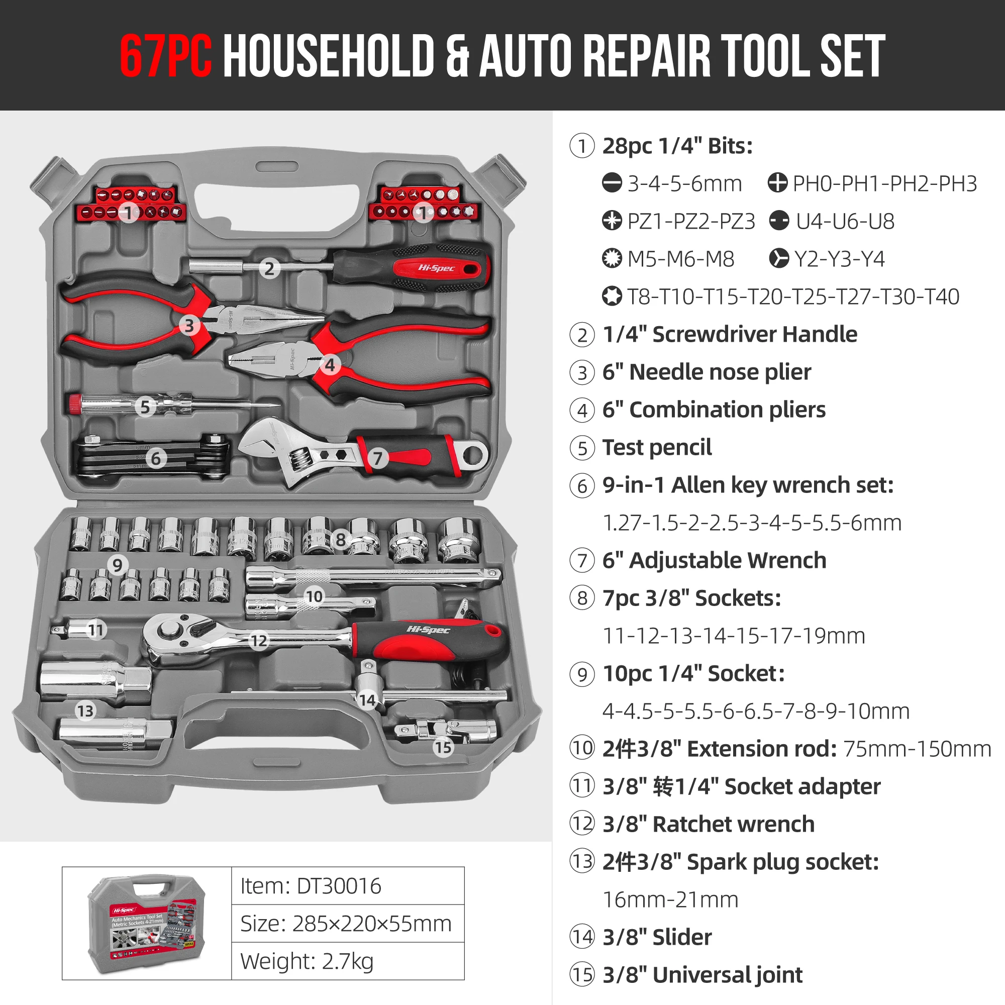 Hi-Spec Car Repair Tool Kit Socket Wrench Set Daily Hand Tools Socket Sets for Car Repair & Mechanic Ratchet Set for man