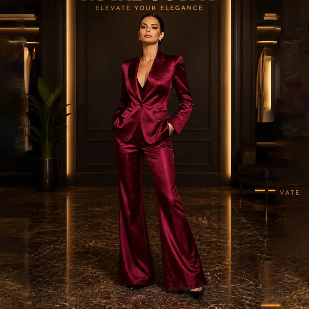 Chic Satin Women Suit Single Button Peak Lapel Outfit Two Piece Fashion Cocktail Evening Wedding Party Luxury Formal Outfit