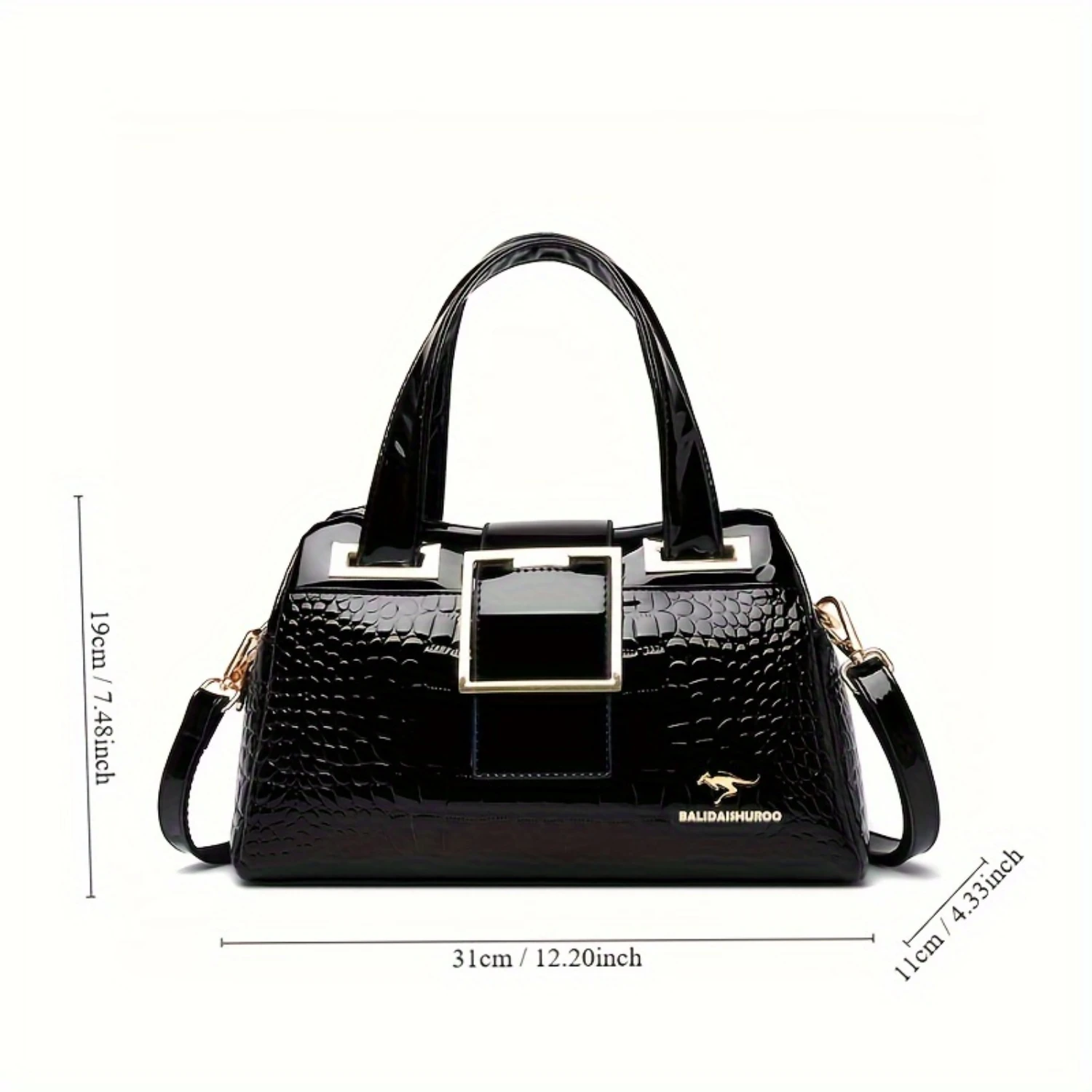 Large Capacity Crocodile Pattern Glossy PU Leather Tote Bag - Removable Strap, Sequins Embellishment, Zipper Closure, Polyester