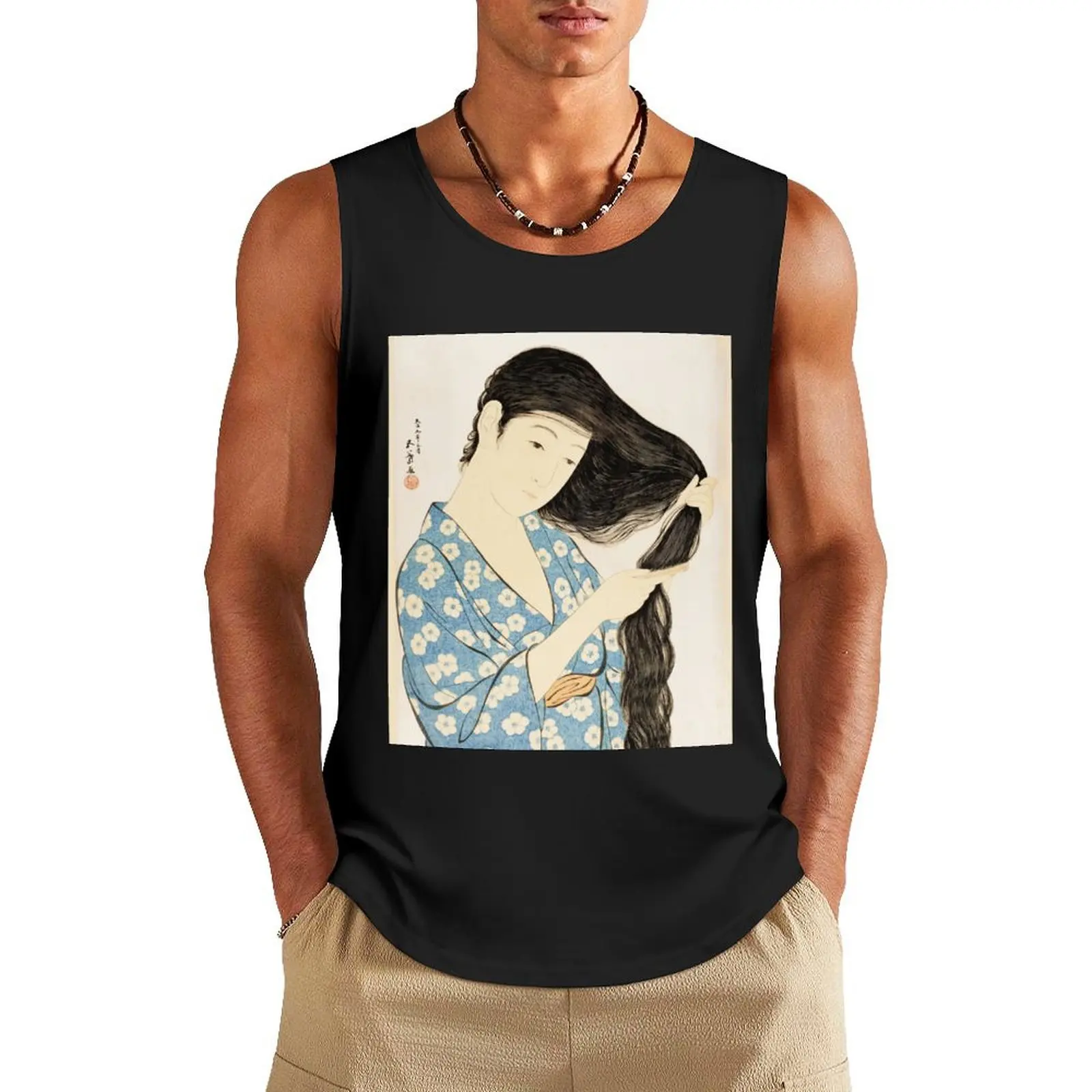 Hashiguchi Goyo - Woman in Blue Combing Her Hair Tank Top summer clothes man 2025 Gym T-shirts for men gym clothes man fitness