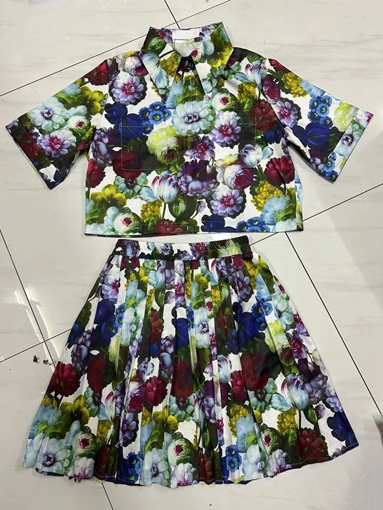 2025 verão feminino retro impressão geométrica lapela camisa curta conjunto de duas peças + cintura elástica solta saia plissada moda terno