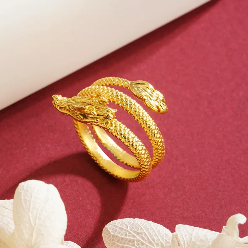 

Luxury 24K 9999 Pure Gold real gold Panlong Hukou Ring Zodiac Chinese Style Dragon Ring