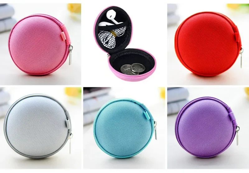Colorful Portable Round Zipper Earphone Storage Bag Earbuds Hard Box Case for IPhone Cable SD TF Memory Card U Disk Data Cable