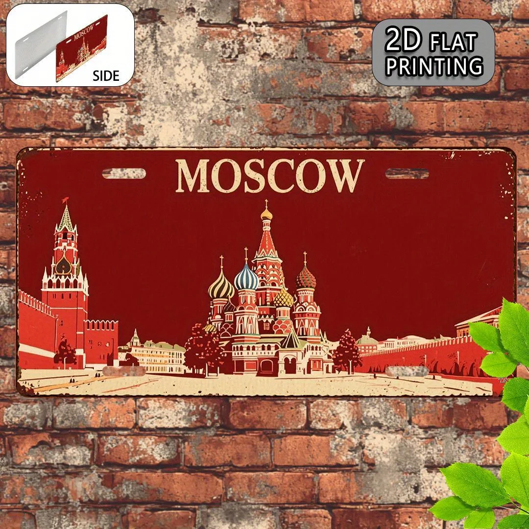 HD Aluminum Metal Sign, Moscow Russia Vintage License Plate Style Wall Decor, Retro St. Basil's Cathedral Red Square Cityscape D