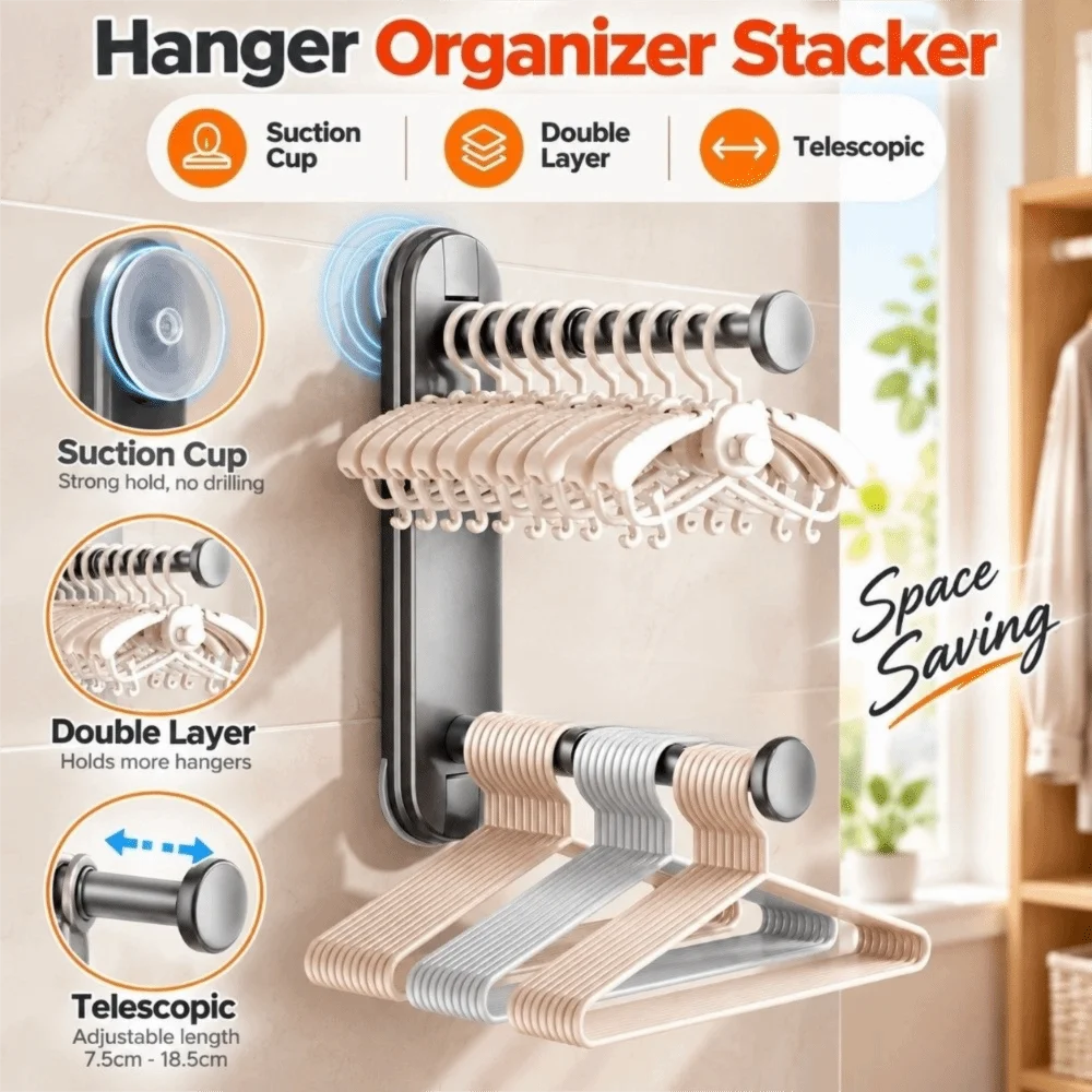 Suction Cup Hanger Organizer Stacker Telescopic Non Punching Clothes Rack Organizer Double Layer Space Saving