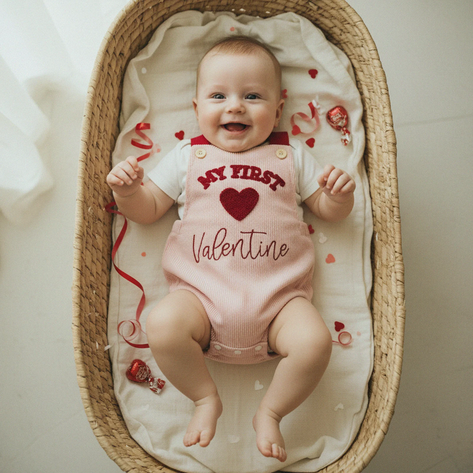 My First Valentines Day Romper Lovely Baby Sleeveless Square Neck Heart Embroidery Bodysuit Newborn Overalls