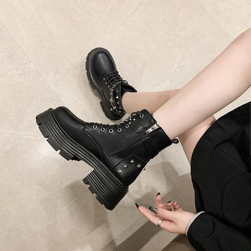 Women\'s Rubber Boots Footwear Zipper Rain Ankle 2024 New Lolita Autumn Women\'s Rock Solid Color Roman Basic Style Zapatos