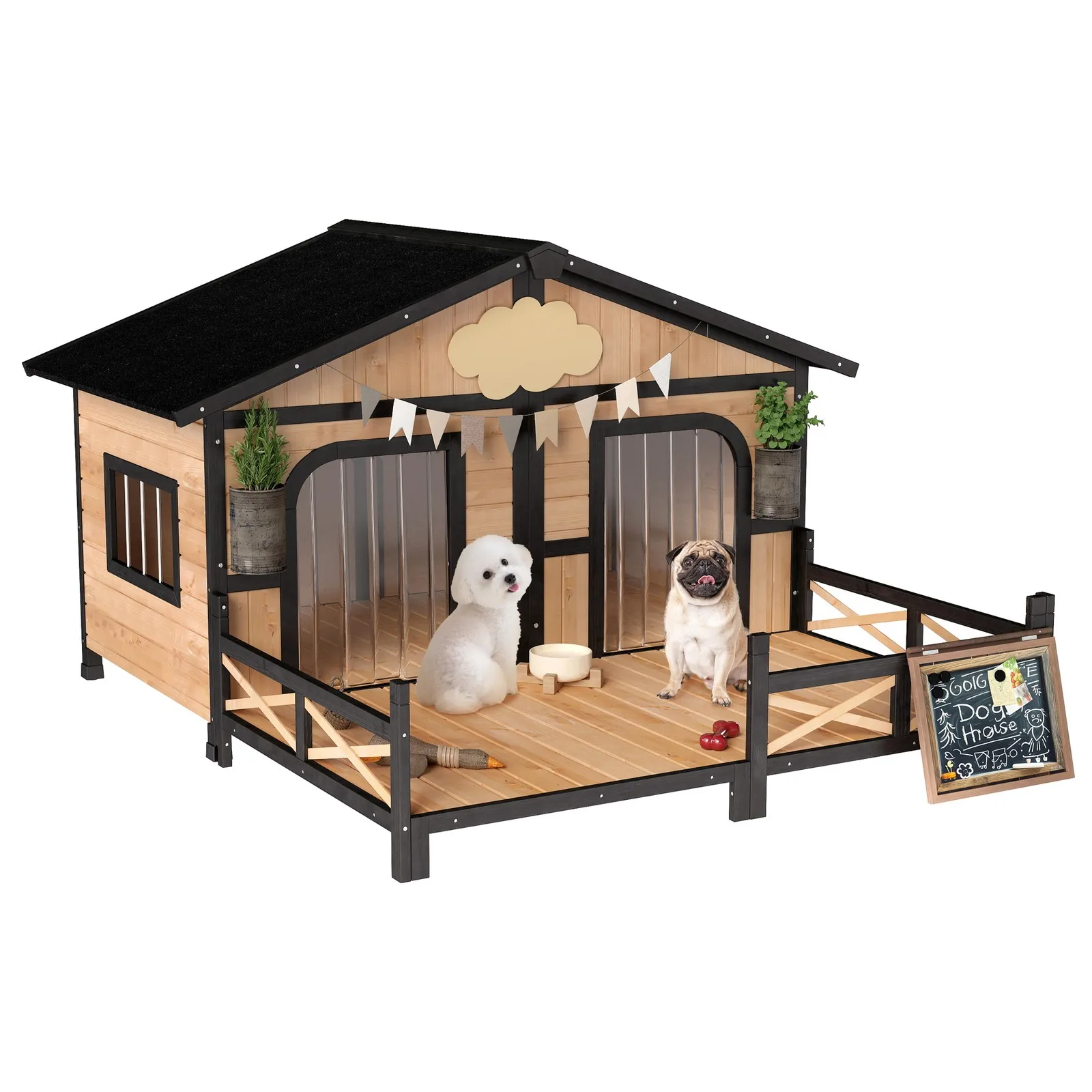 Wooden Dog House Cabin Style Elevated Pet Shelter, Natural