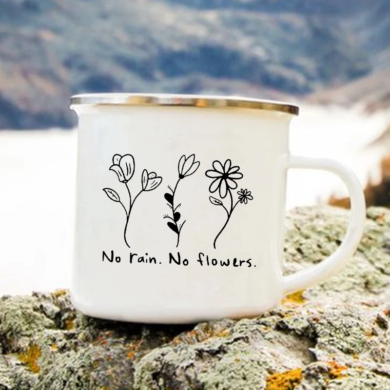 No Rain No Flower Print Mugs Transparent Creative Coffee Tea Drinks Dessert Milk Cup Enamel Mugs Harajuku Handle Drinkware Gifts