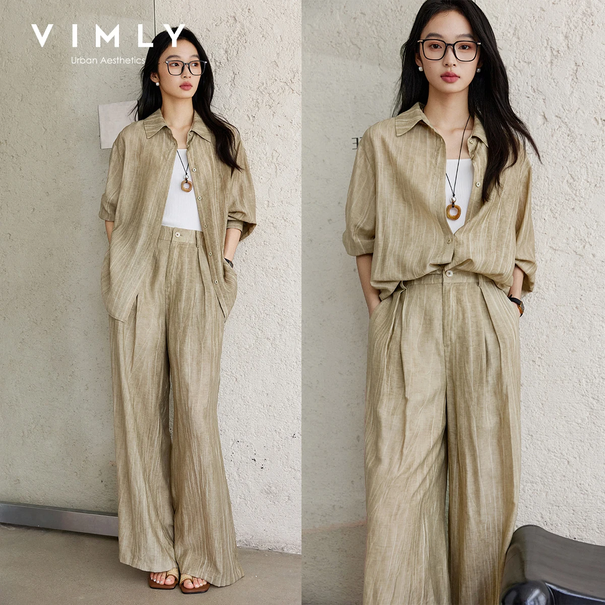

VIMLY Texture Shirt Pant Set Two Piece Woman Outfits Spring 2026 Casual Long Sleeve Shirt Baggy Pants Ladies Clothing Sets A0351