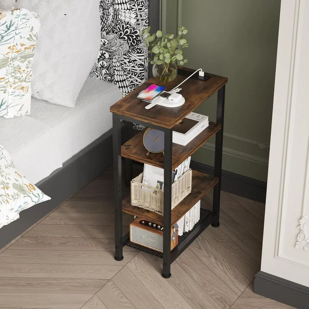 Compact 4-Tier Nightstand with Charging Station, Slim Side Table for Bedroom or Home Office with USB Ports and Outlets