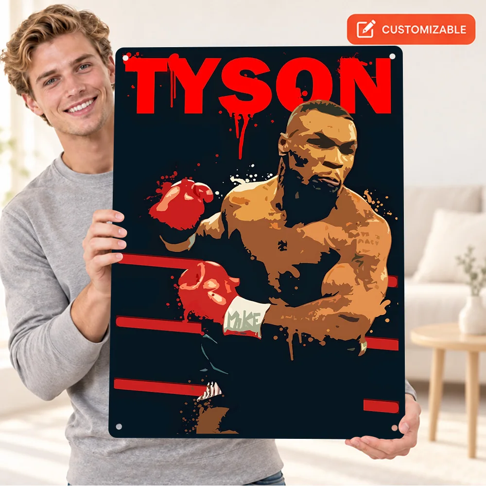 Mike Tyson Boxing Guard Printed Poster Customized Aluminum Metal Sign Red Gloves Retro Stencil Figure Wall Art For Training Room