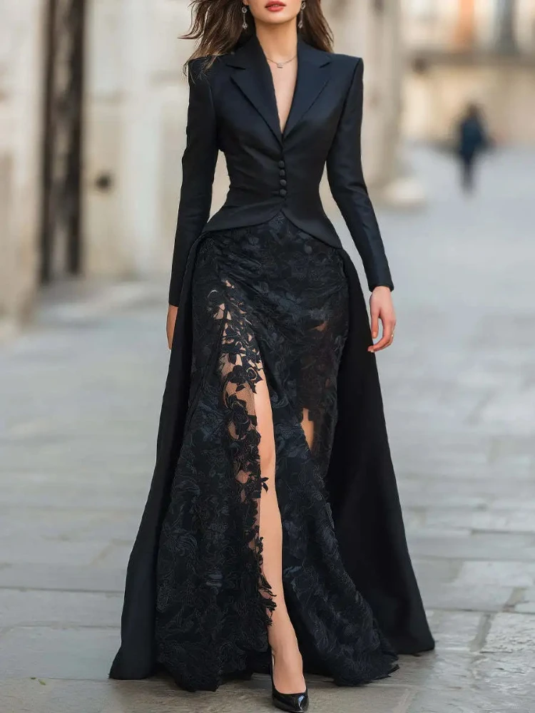 

Autumn Women's Lapel Button Top and Skirt Two Piece Set Lace Patchwork Slim Fit Party Suit Elegant Solid Formal Occasion Outfit