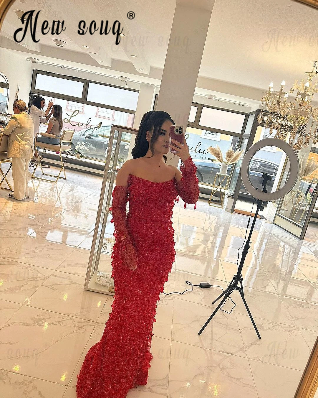 Boat Neck Red Long Party Dress Arabic Women Wedding Night Prom Gowns Stones Covered Bride Formal Gowns Long Sleeves Custom Made