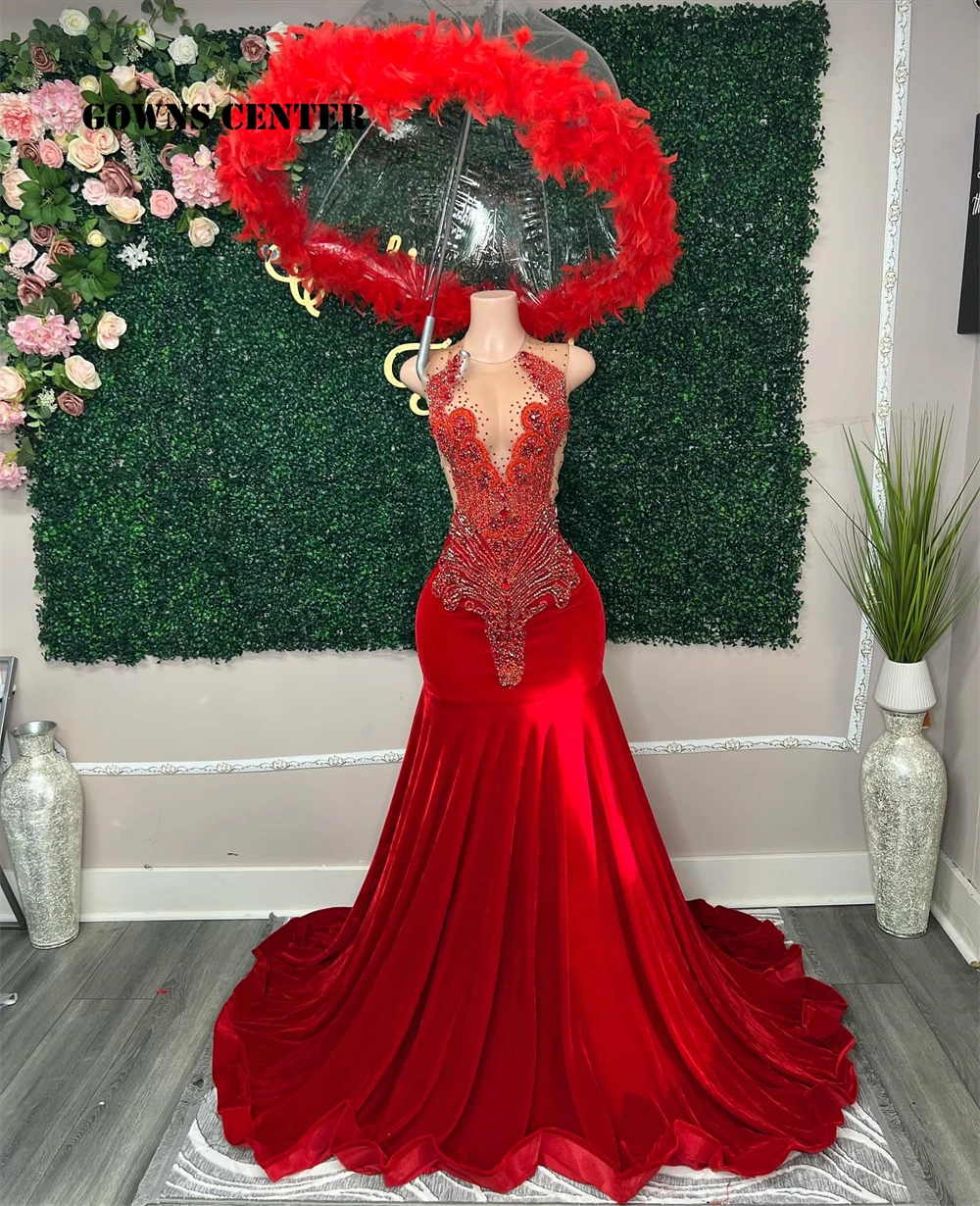 Long Prom Dresses 2024 Red Diamonds Mermaid Luxury Sparkly Rhinestones Crystals Velvet Black Girls Party Formal Gowns Customized