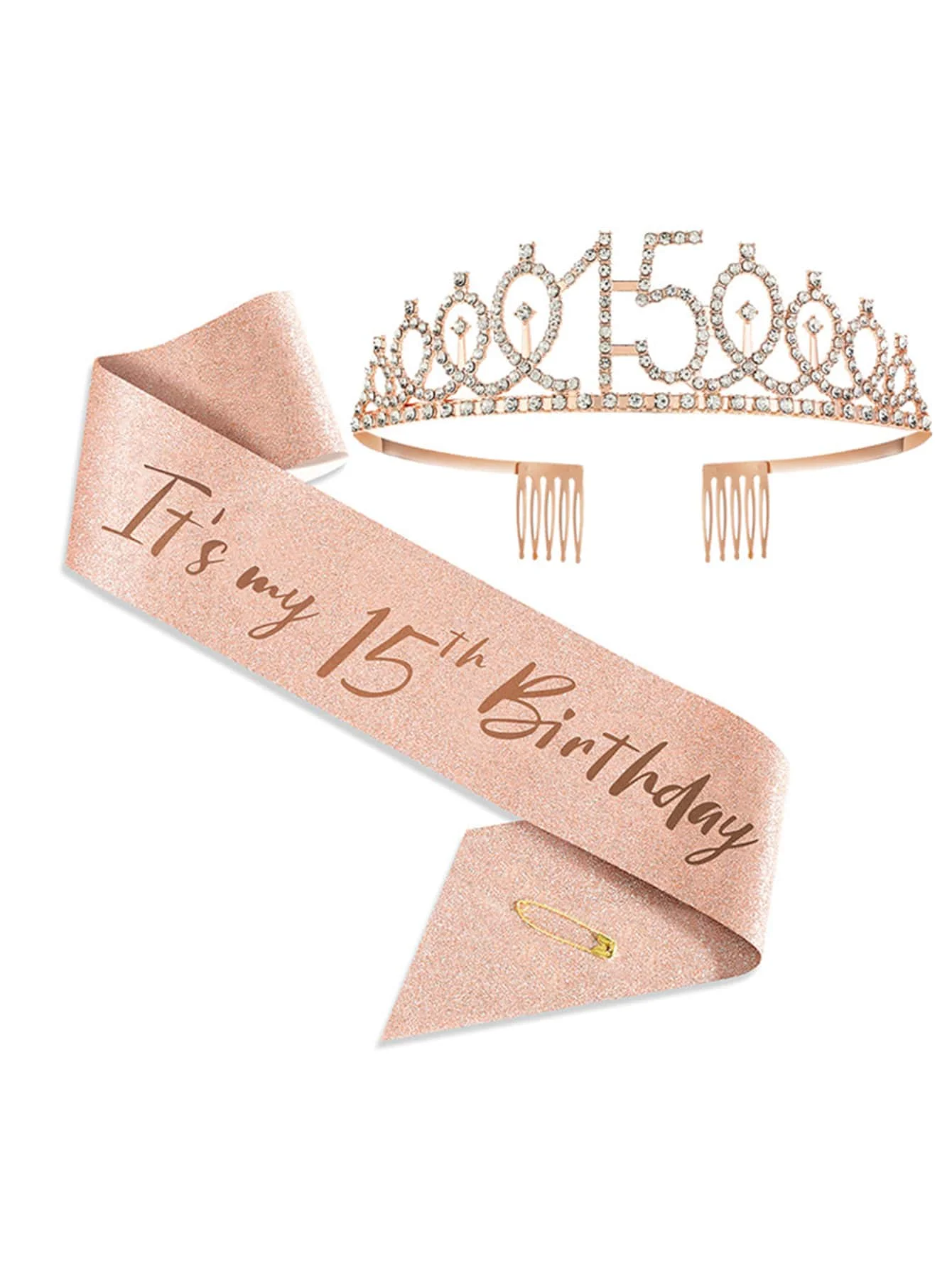 2 pieces/set for girl's 15th birthday belt and Tiara, rose gold birthday belt, crown 15&girl's wonderful belt and Tira