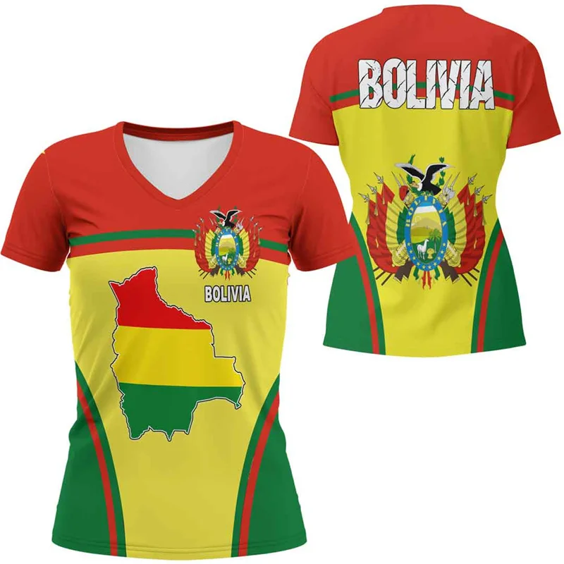 Bolivia Flag 3D Printed T-shirt Bolivian Men And Women V Neck Casual Outdoor Short Sleeve National Emblem Graphic Tee Shirts