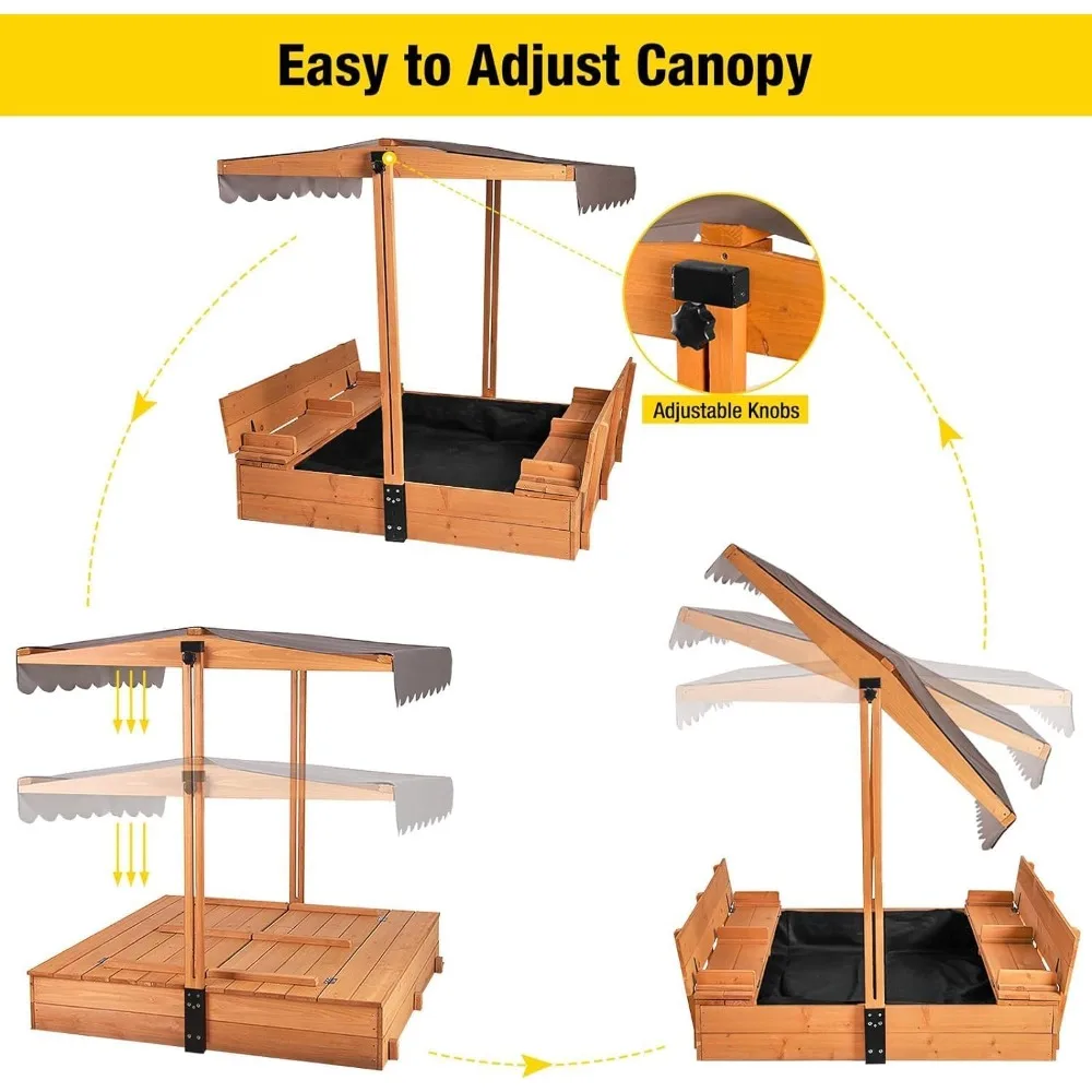 Kids Sand Boxes with Canopy Sandboxes with Covers Foldable Bench Seats, Children Outdoor Wooden Playset - Retractable Roof