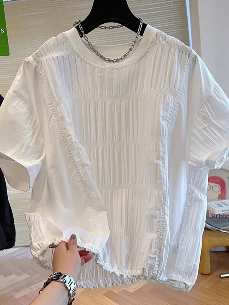 

Slimming Pleated White ort Sve Women's irt Korean Sle Loose Fit Summer 2025 Faionable Age-Defng Top