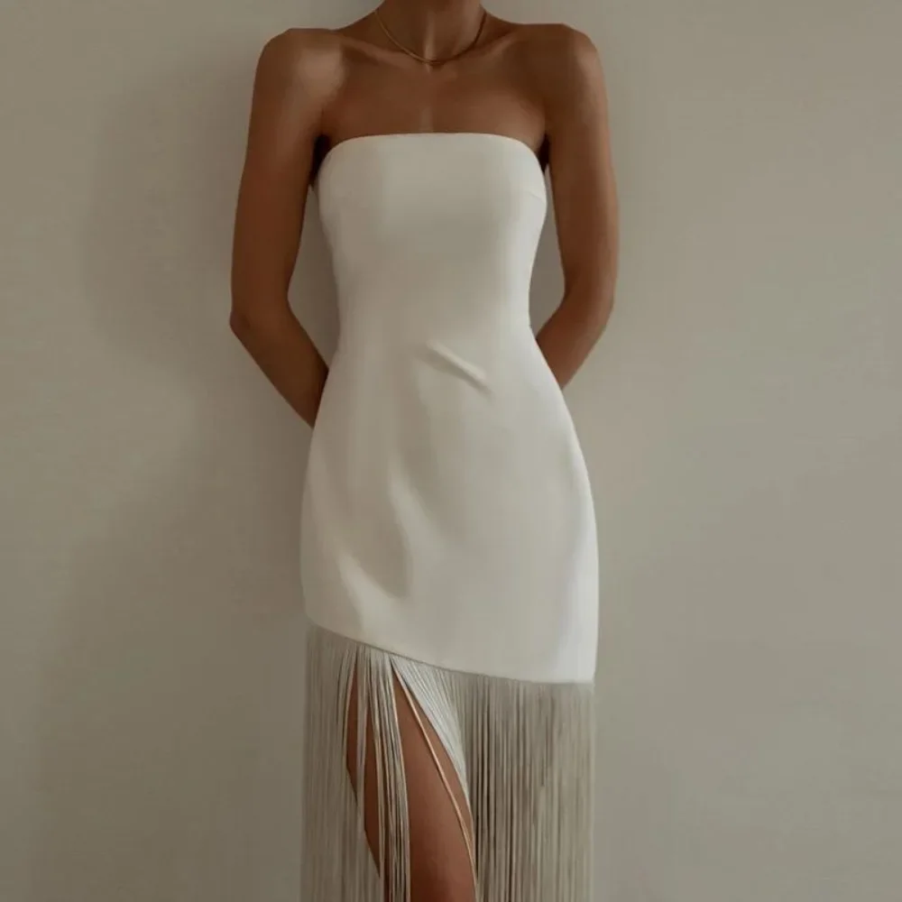 TWOTWINSTYLE Solid Slimming Spliced Tassel Dresses for Women Strapless Sleeveless High Waist Minimalist Dress Female