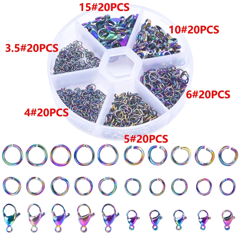 A Set Jewelry Findings Rainbow Color 3/4/5/6mm Open Jump Rings Split Rings 10/15mm Lobster Clasps Hooks Jewelry Making Supplies