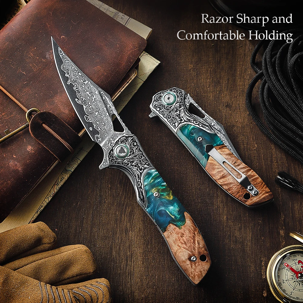 TRIVISA Apus-07C Coltello EDC tascabile pieghevole per uomo, lama in acciaio di Damasco Manico in legno in resina Multiutensile tattico per sopravvivenza all'aperto