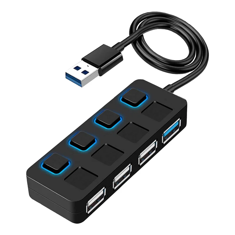 4 Ports USB 3.0 Hub with Individual LED Lit Power Switches USB HUB Adapter Expander Multi USB Splitter for Mac PC