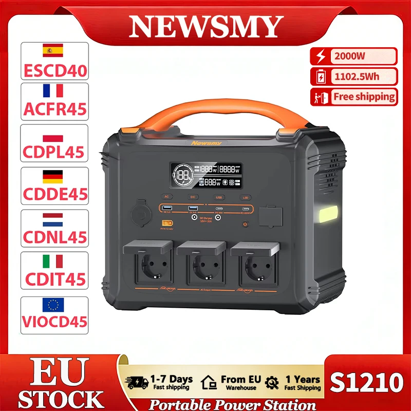 Estación de Energía Portátil NEWSMY S1210 de 2000W, Pico de 3000W, Batería LiMnFePO₄ de 1102.5Wh, Generador Solar MPPT de 1300W con Carga Rápida CA