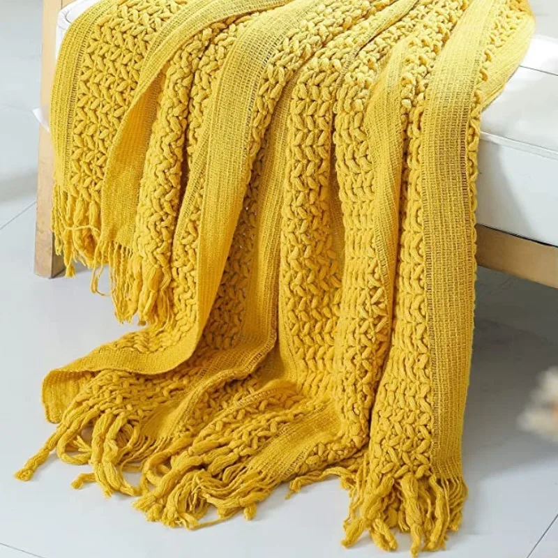 Boho Jacquard Throw Blanket with Tassels Cozy Knitted Lightweight Khaki Grey Yellow White Gift for Couch Bed Chair Sofa